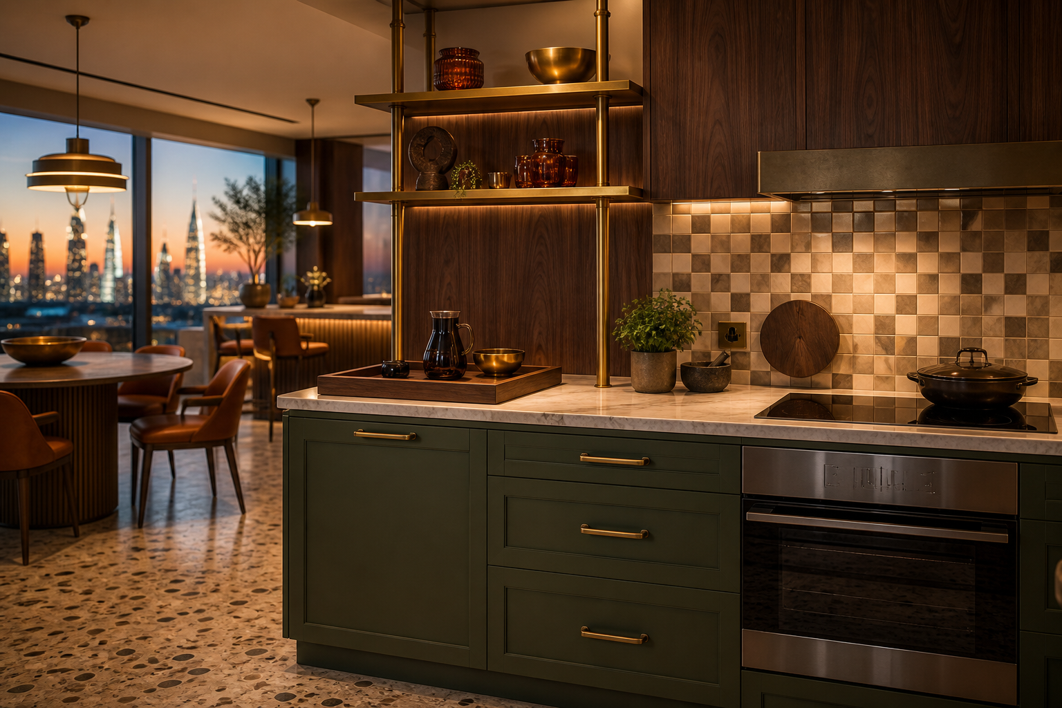 Fadior Dubai Skyline Penthouse — Dubai kitchen workstation with walnut cabinets, stone counter, checkerboard backsplash,