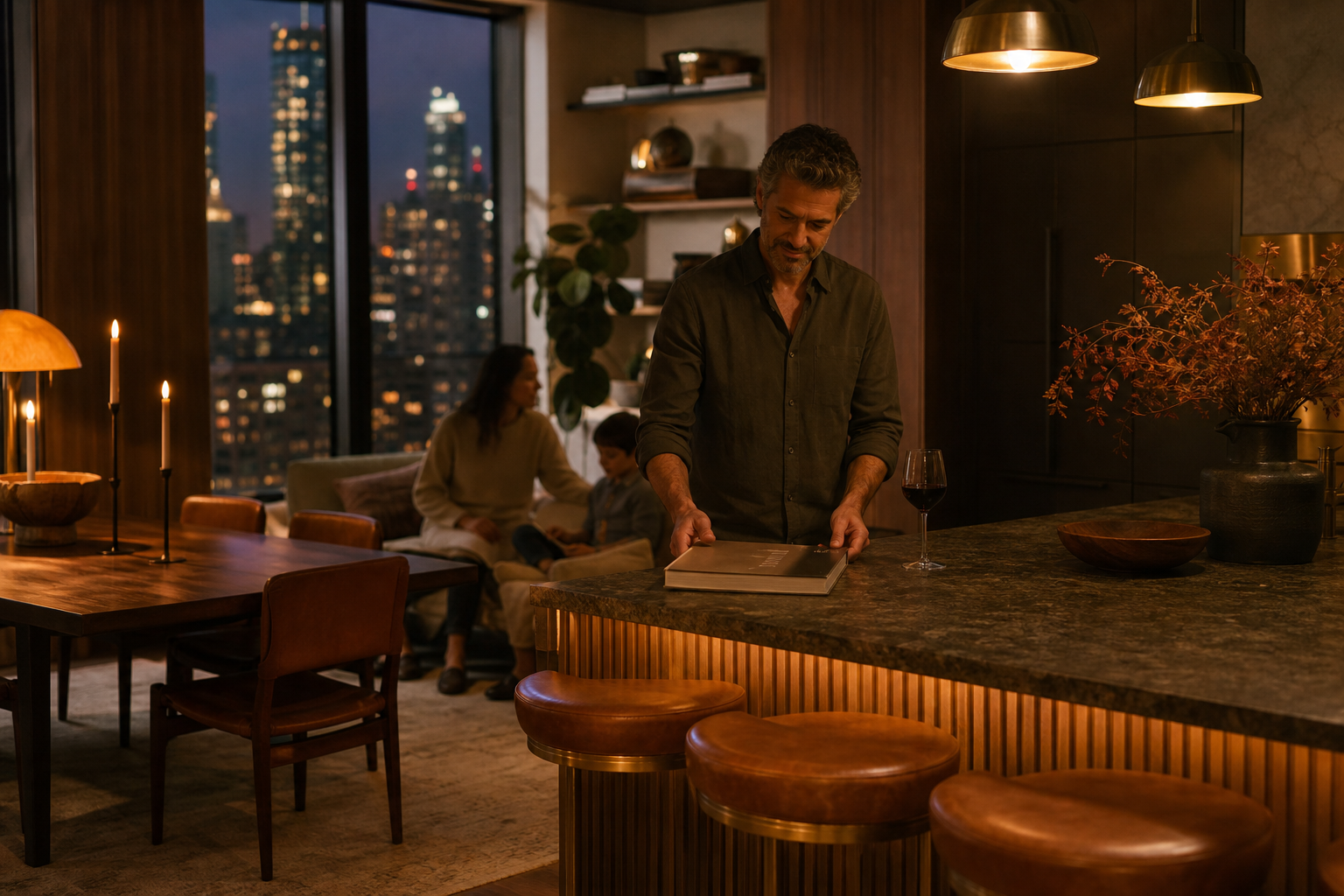 Kitchen lifestyle context with cognac seating and family host planning from editorial references.