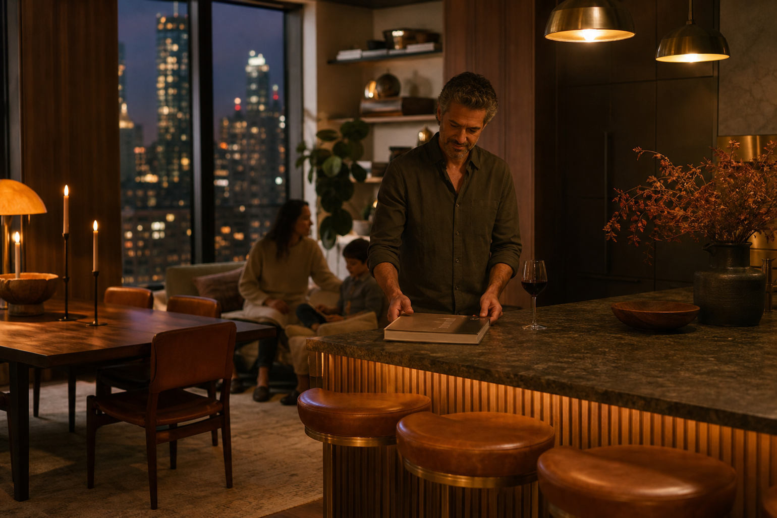 Kitchen lifestyle context with cognac seating and family host planning from editorial references.