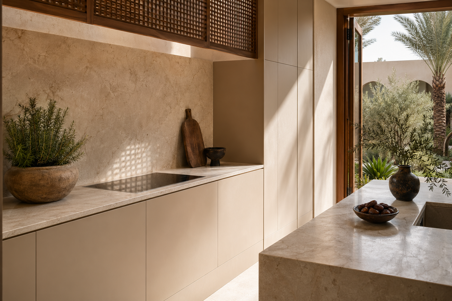 Fadior Dubai Garden Courtyard Villa — kitchen counter, pantry wall, marble backsplash, palm window
