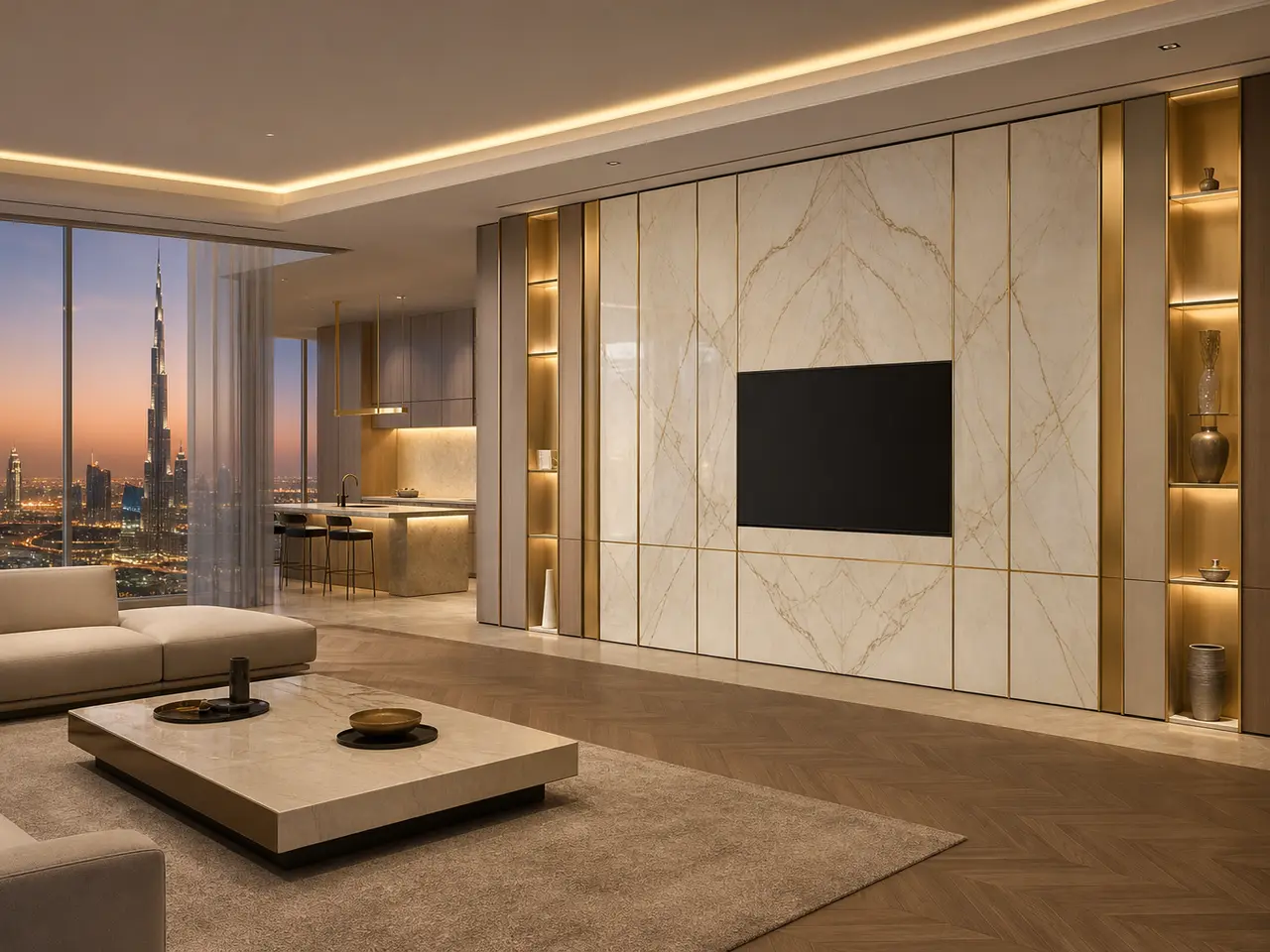 Fadior Silvan Connected Media Service Wall - stainless steel living room cabinetry with media storage, display shelving, concealed devices, and residential finishes