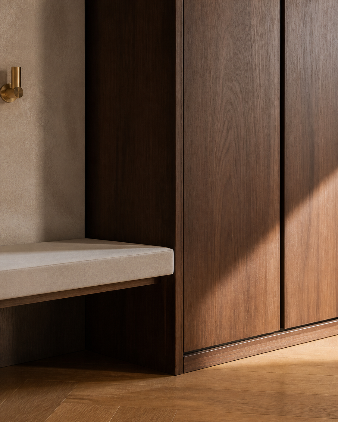 Fadior Loggia Entryway Suite with Shadowline Seating Portal — close-up of stainless steel finish and hardware detail