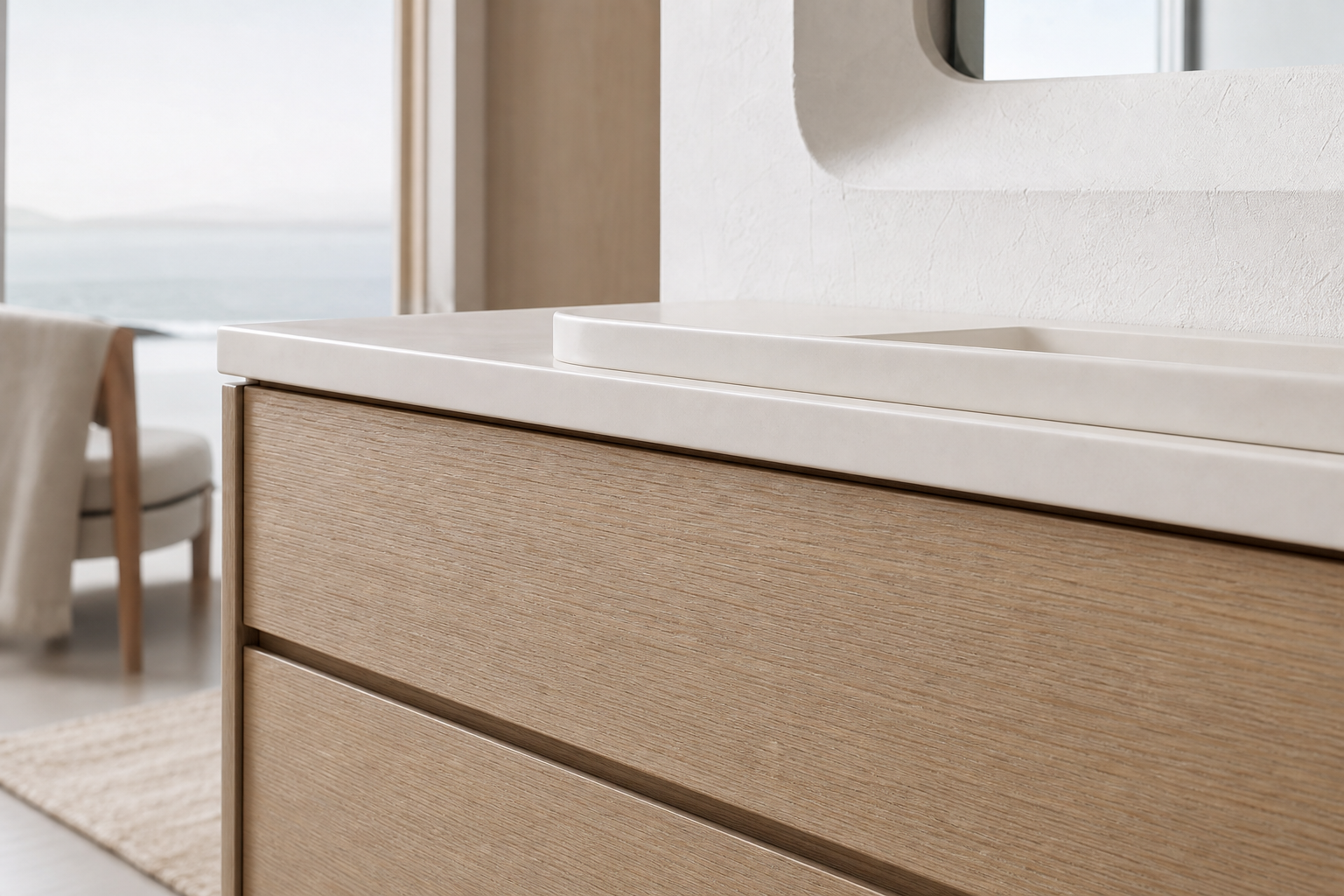 Fadior Nacre Bath and Vanity Suite with Pearl Sill Basin Console — close-up of stainless steel finish and hardware detail