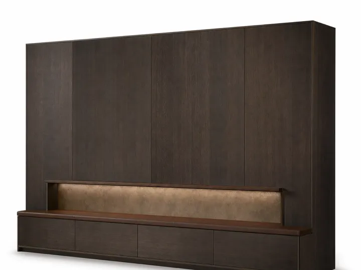 Fadior Patina Living Room Suite with Walnut Listening Rail — 304 stainless steel living room system, front view
