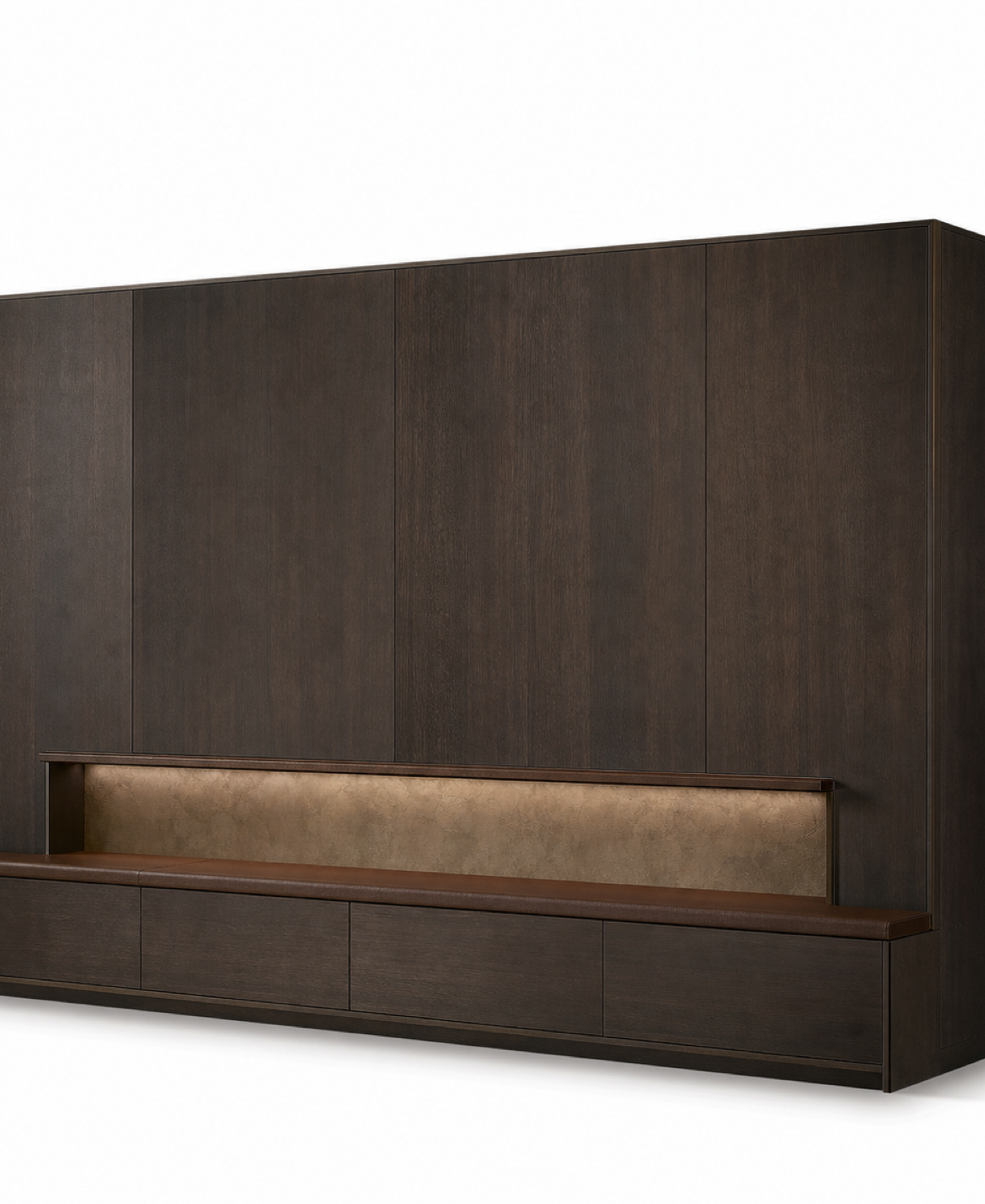 Fadior Patina Living Room Suite with Walnut Listening Rail — 304 stainless steel living room system, front view
