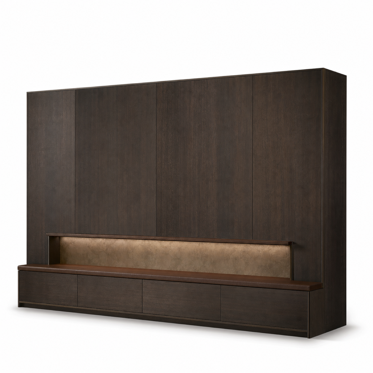 Fadior Patina Living Room Suite with Walnut Listening Rail — 304 stainless steel living room system, front view