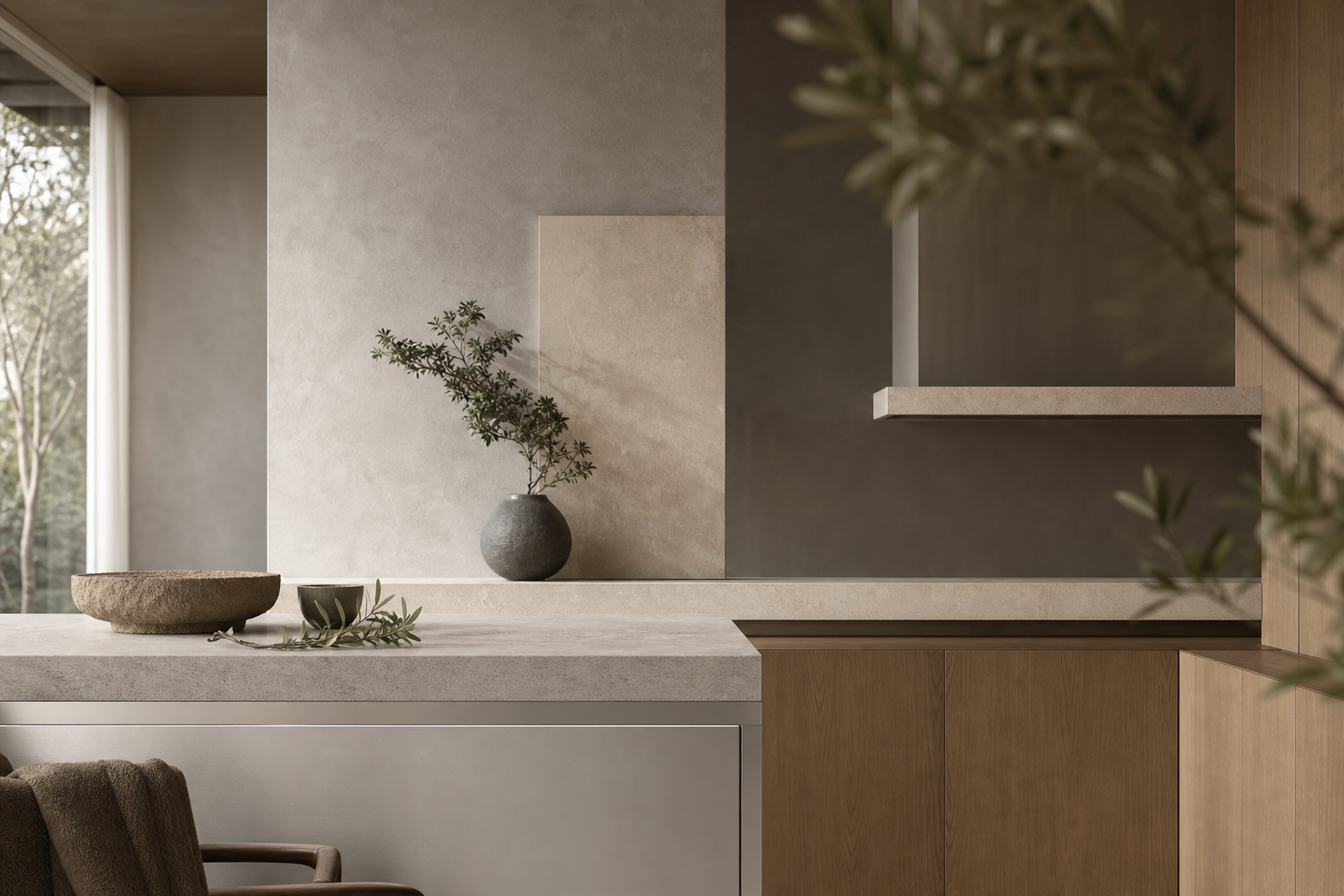 Material mood study: pale stone, warm oak, and smooth silver-toned cabinet planes used to compare premium kitchen direction.