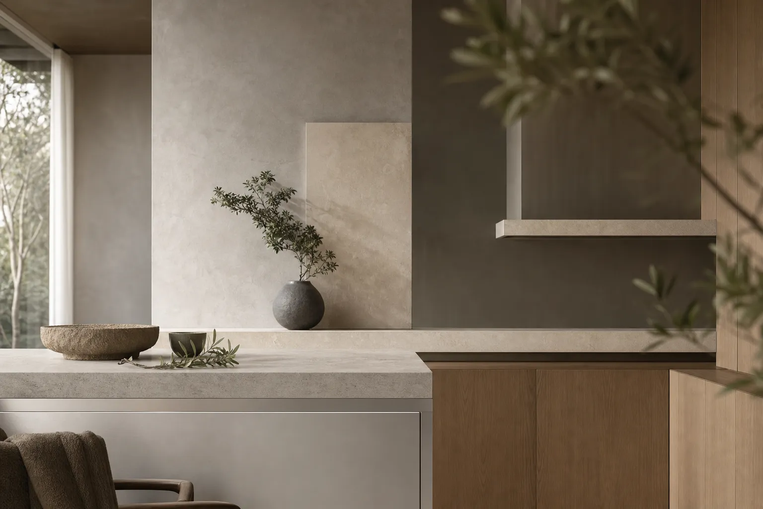 Material mood study: pale stone, warm oak, and smooth silver-toned cabinet planes used to compare premium kitchen direction.