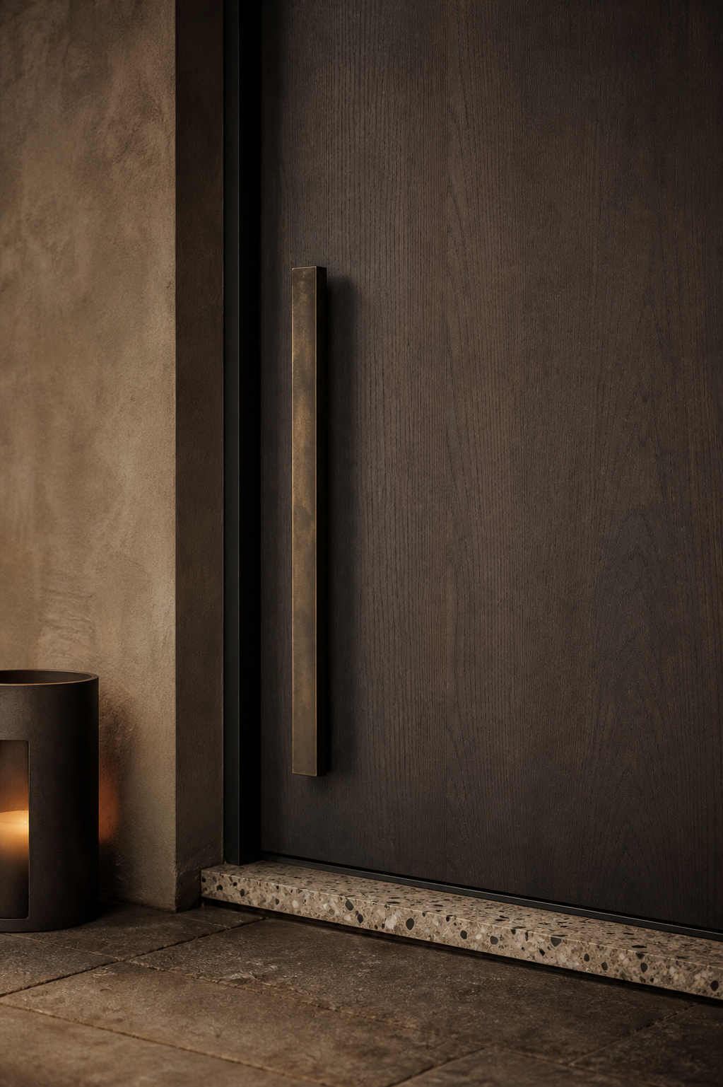 Fadior Silhouette Interior Door with Bronze Threshold Pivot Sequence — close-up of stainless steel finish and hardware detail
