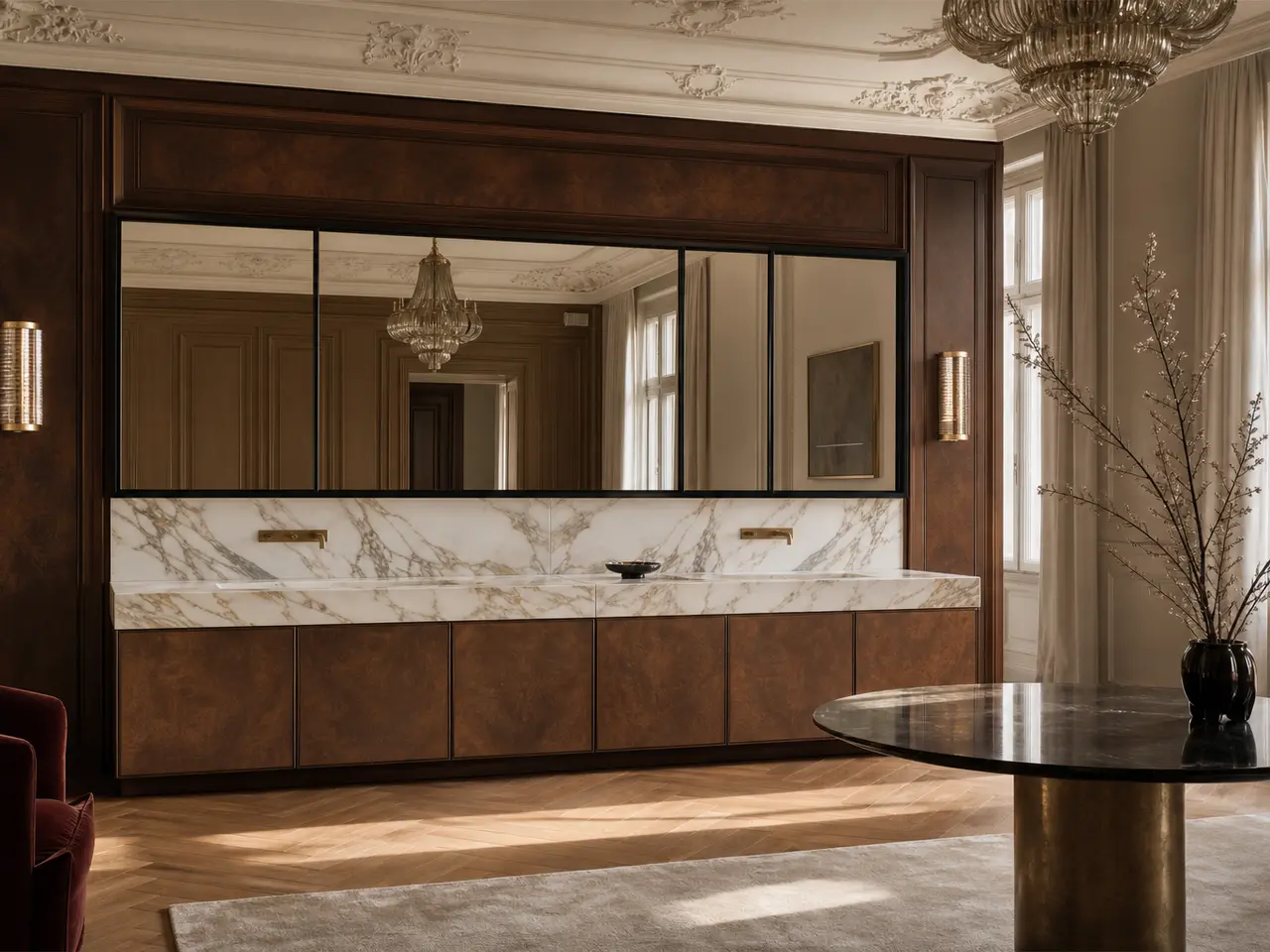 Fadior Solstice Bath and Vanity Suite with Calacatta Basin Sill - waterproof 304 stainless steel bath vanity with mirror storage, moisture-resistant finishes, and grooming storage