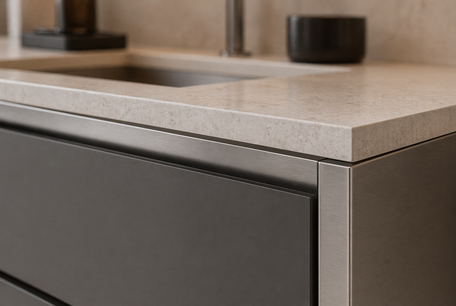 Fadior Acqua Bath And Vanity Suite — close-up of stainless steel finish and hardware detail