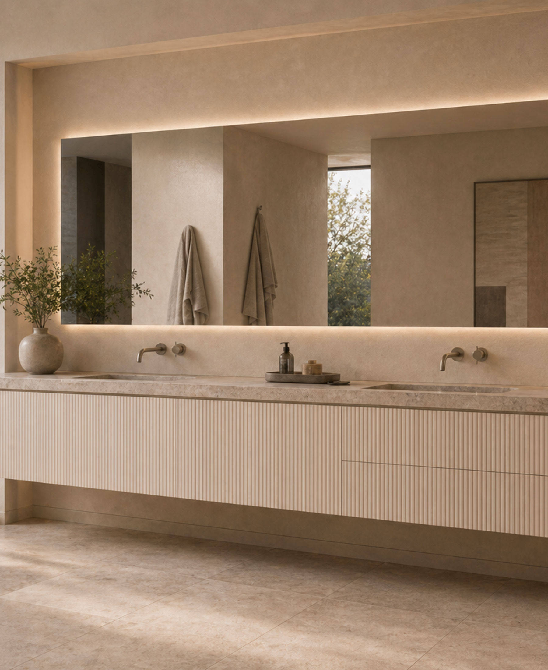 Fadior Ethereal Bath and Vanity Suite with Fluted Cloudlight Vanity Bay — 304 stainless steel bath and vanity system, front view