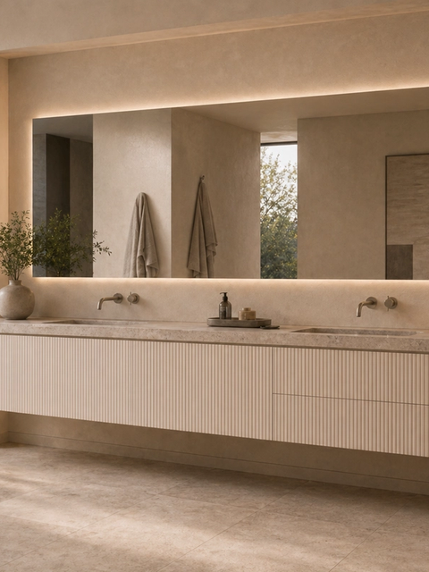 Fadior Ethereal Bath and Vanity Suite with Fluted Cloudlight Vanity Bay — 304 stainless steel bath and vanity system, front view