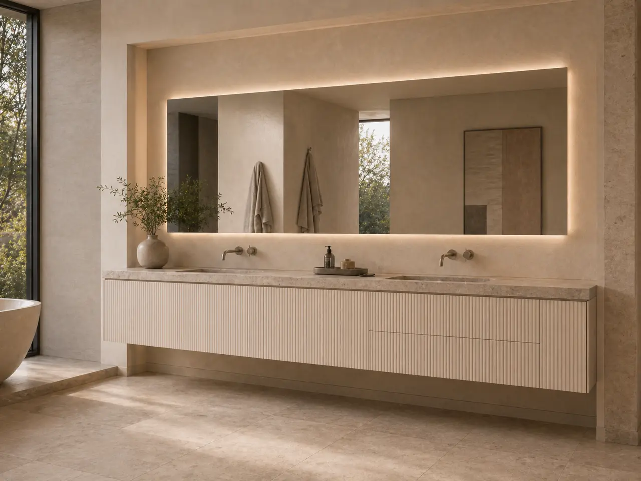 Fadior Ethereal Bath and Vanity Suite with Fluted Cloudlight Vanity Bay - waterproof 304 stainless steel bath vanity with mirror storage, moisture-resistant finishes, and grooming storage