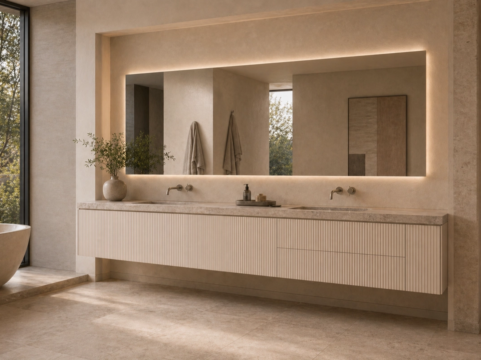 Fadior Ethereal Bath and Vanity Suite with Fluted Cloudlight Vanity Bay — 304 stainless steel bath and vanity system, front view