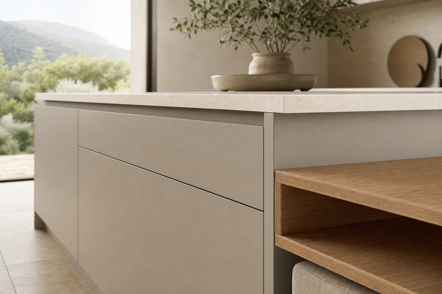 Fadior Forge Kitchen Suite with Courtyard Breakfast Ledge — close-up of stainless steel finish and hardware detail