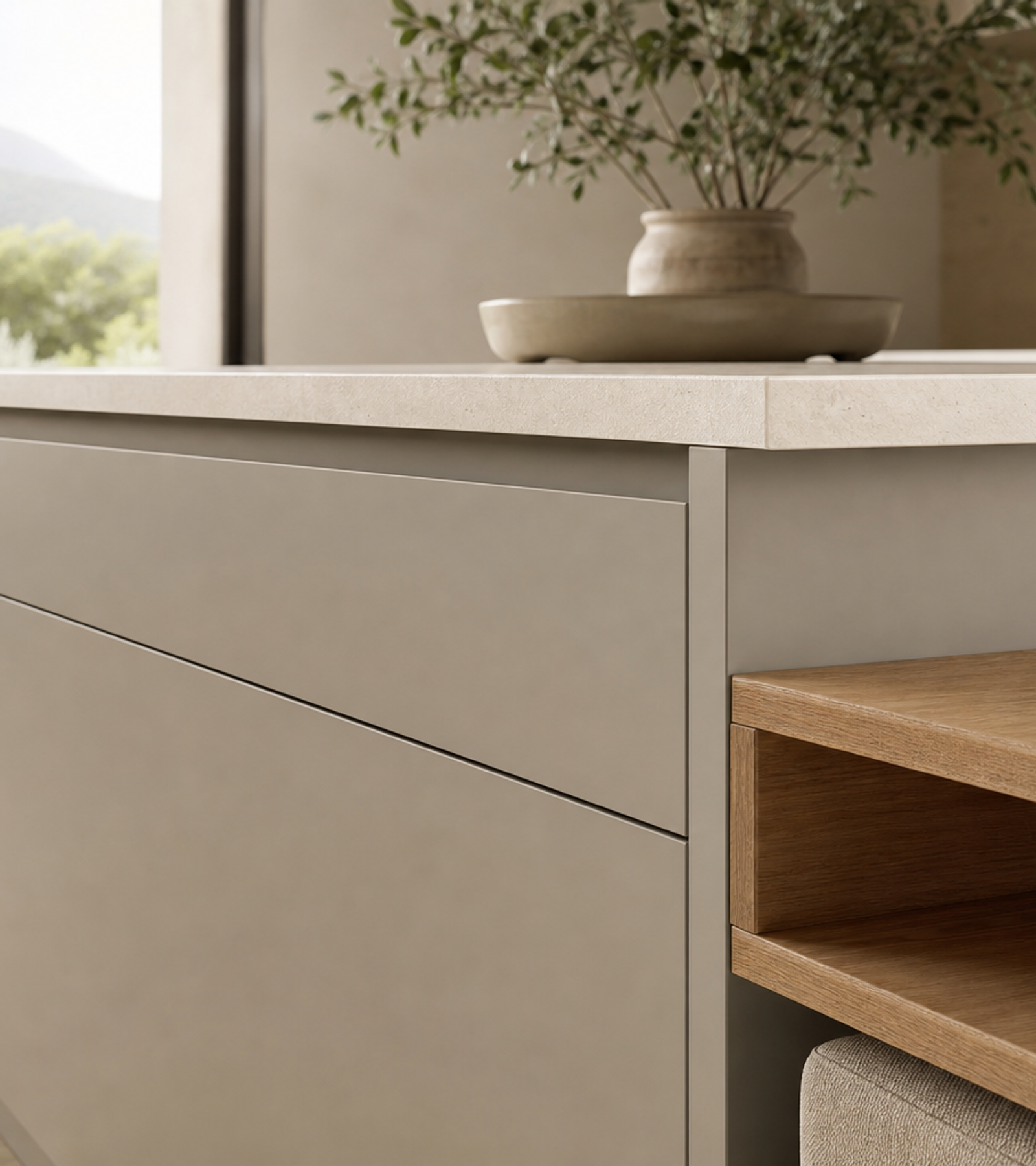 Fadior Forge Kitchen Suite with Courtyard Breakfast Ledge — close-up of stainless steel finish and hardware detail