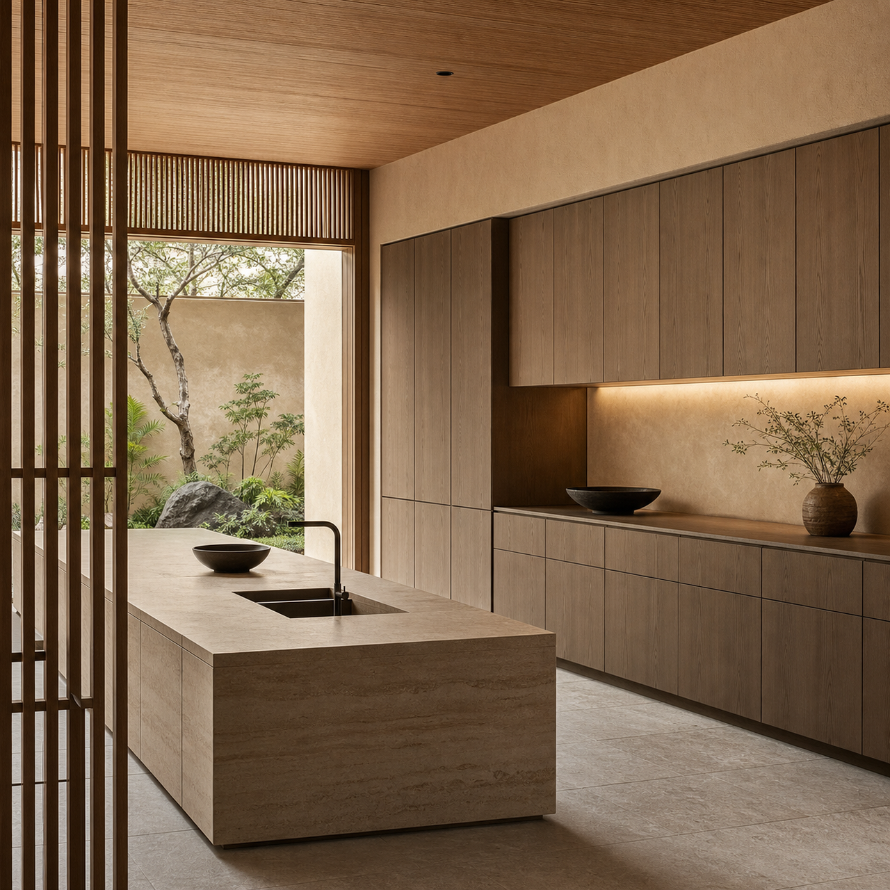 Fadior Armarios Meridian Kitchen Suite with Fenix Travertine Wall — interior room context showing cabinet integration