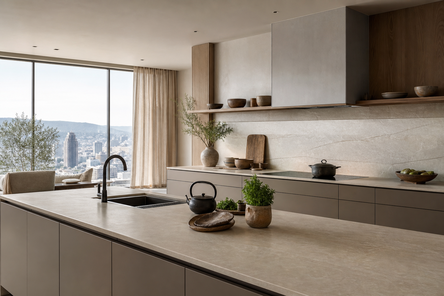 Fadior Houston 250 sqm Kitchen Penthouse — Fadior Houston kitchen workspace — grey cabinet, quartzite counter, oak shelf,
