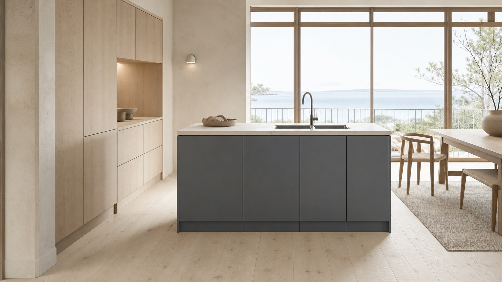 Fadior Pavilion Kitchen Suite with Soft Slate Scullery Peninsula — lifestyle setting with natural light and residential
