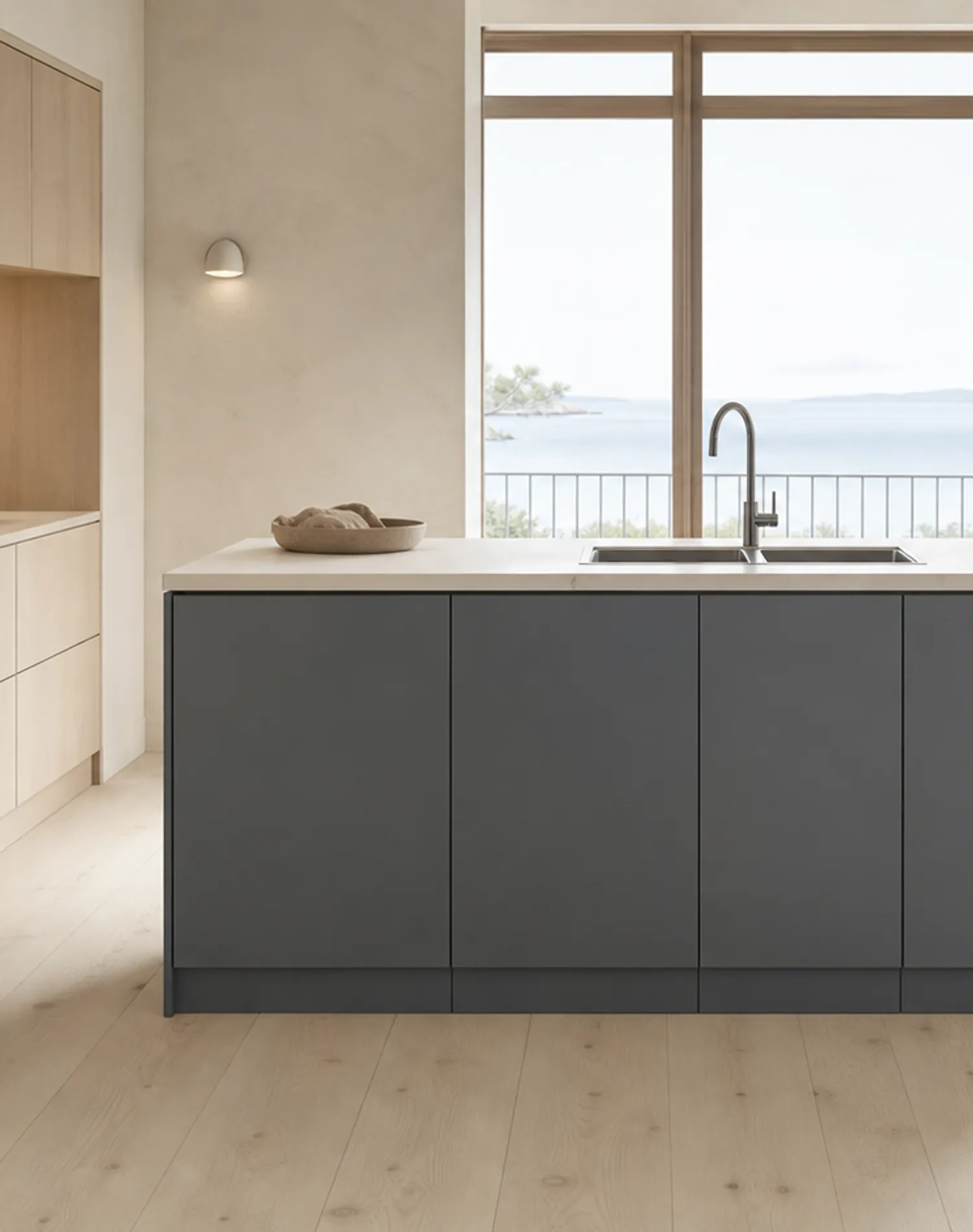 Fadior Pavilion Kitchen Suite with Soft Slate Scullery Peninsula — lifestyle setting with natural light and residential