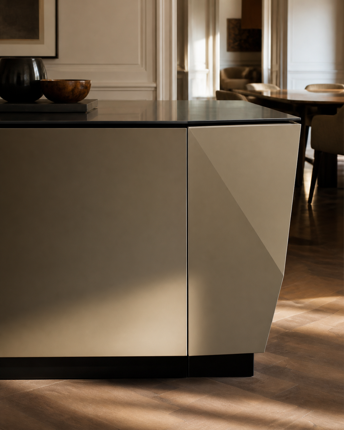 Fadior Pavilion Kitchen Suite with Terrace Origami Island — close-up of stainless steel finish and hardware detail