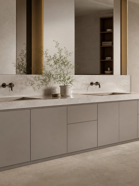 Fadior Nacre Bath and Vanity Suite with Opal Rainline Grooming Terrace — 304 stainless steel bath and vanity system,