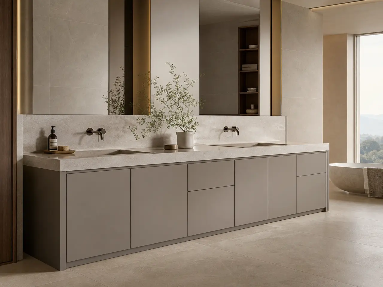 Fadior Nacre Bath and Vanity Suite with Opal Rainline Grooming Terrace - waterproof 304 stainless steel bath vanity with mirror storage, moisture-resistant finishes, and grooming storage