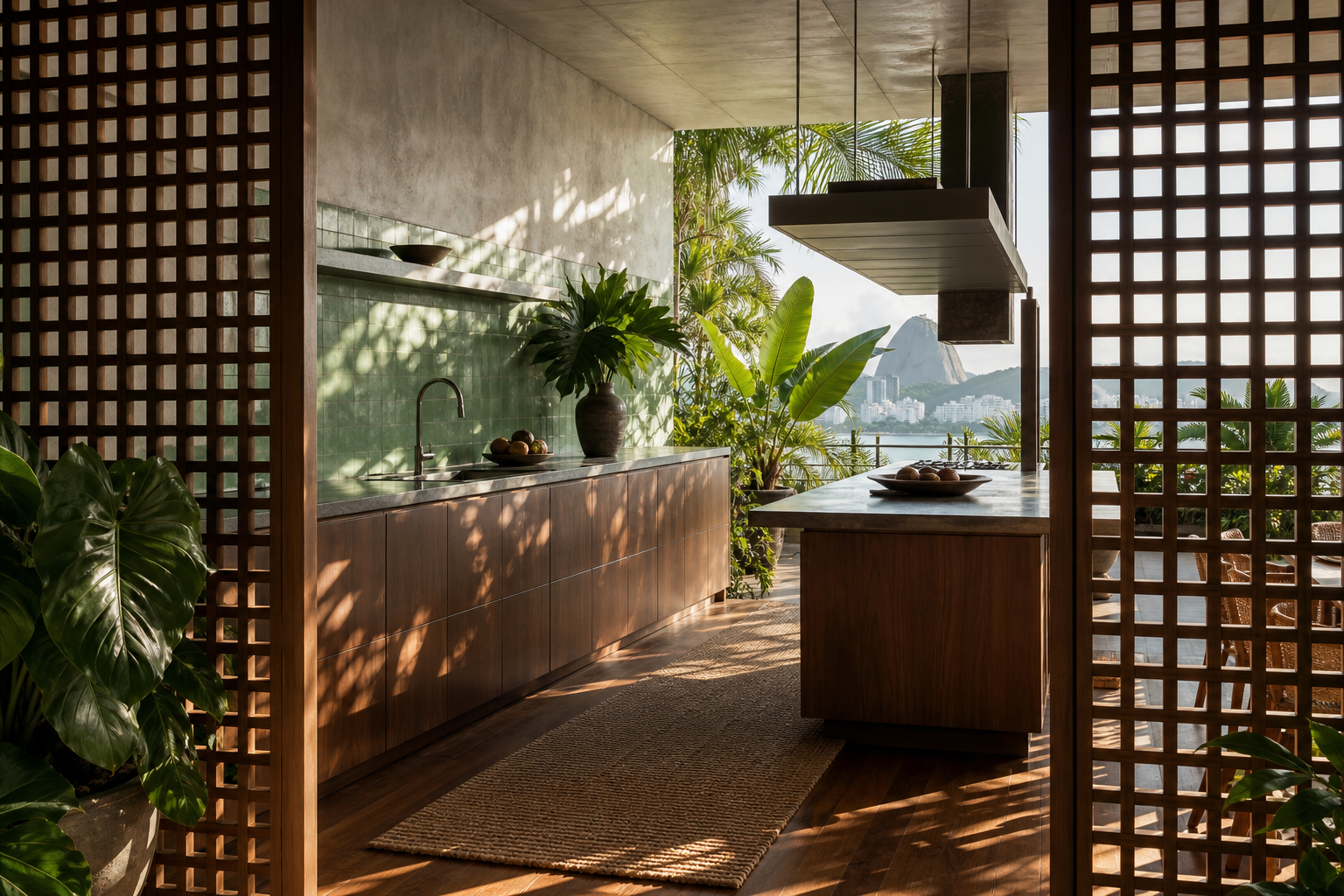 Fadior Rio de Janeiro 240 sqm Kitchen Penthouse — wood lattice, sink counter, island, green tile, bay window