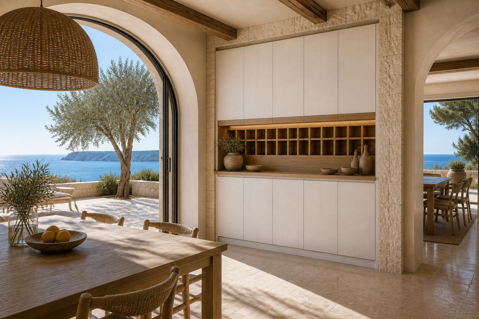 Fadior Grotto Wine Cabinet Suite with Luminous Cellar Service Bar — lifestyle setting with natural light and residential styling