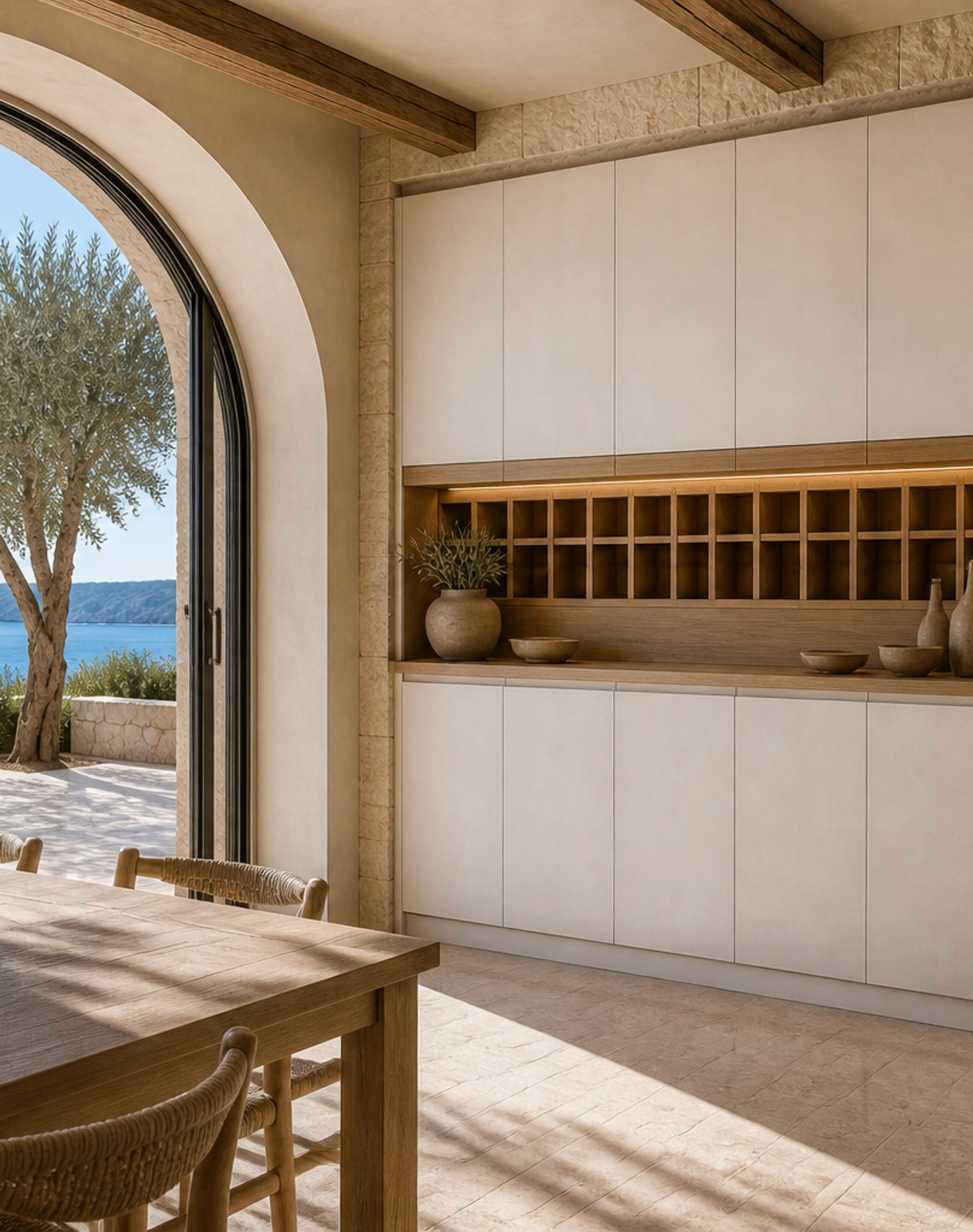 Fadior Grotto Wine Cabinet Suite with Luminous Cellar Service Bar — lifestyle setting with natural light and residential styling