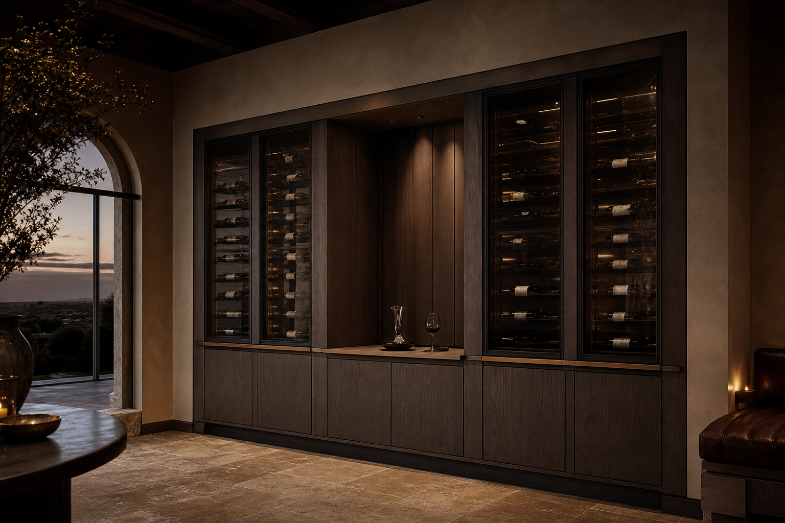 Fadior Cru Wine Cabinet Suite with Climate Glass Decanting Wall — 304 stainless steel wine cabinet system, front view