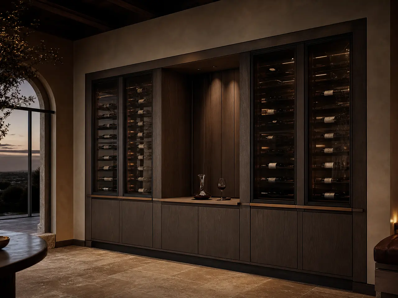 Fadior Cru Wine Cabinet Suite with Climate Glass Decanting Wall — 304 stainless steel wine cabinet system, front view