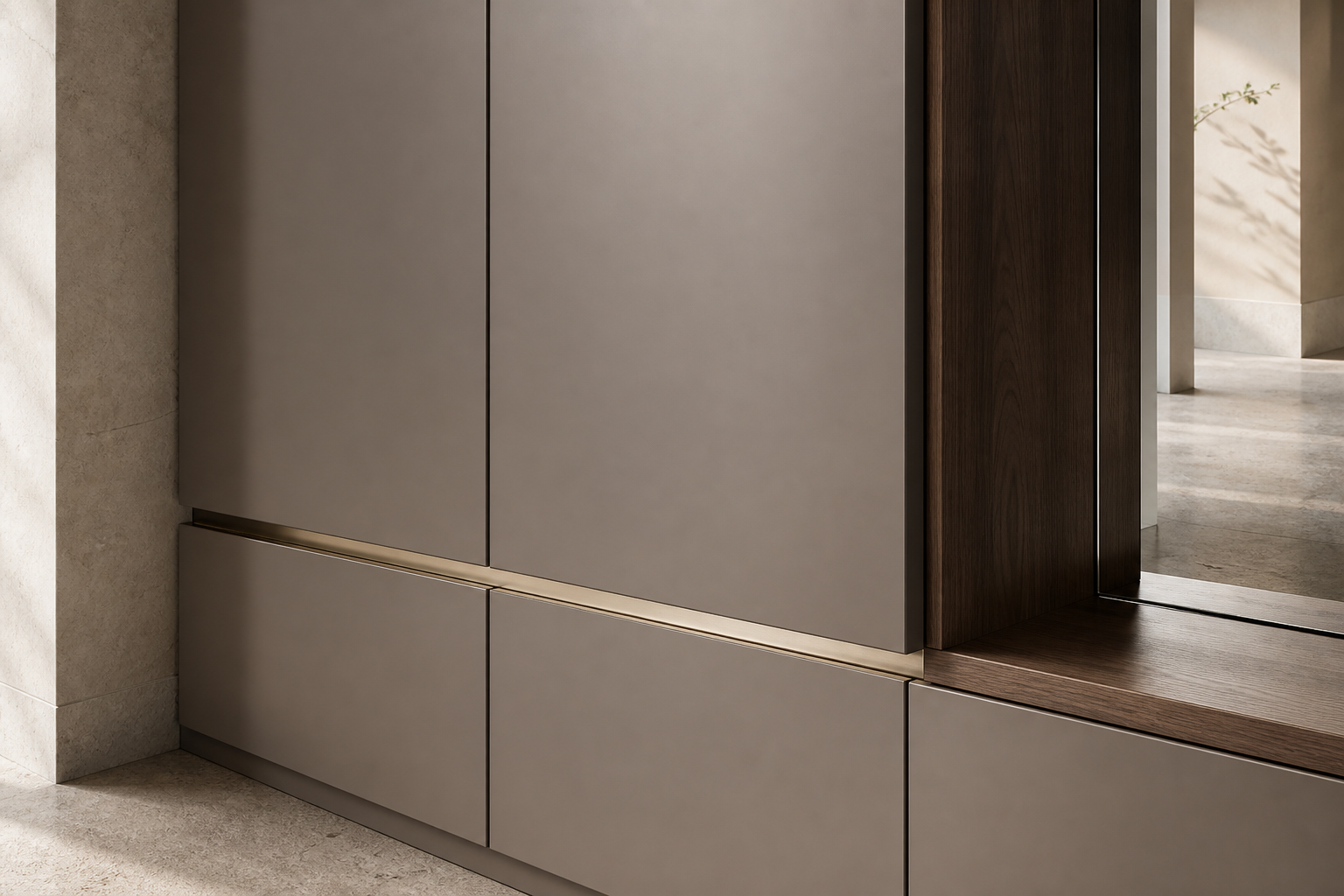Fadior Savile Entryway Suite with Precision Arrival Wall — close-up of stainless steel finish and hardware detail