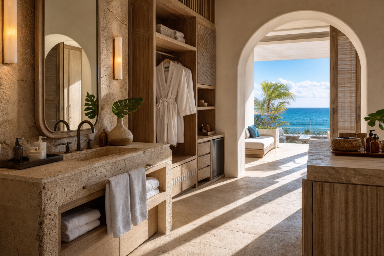 Fadior Miami Boutique Suite Hotel — Miami bath vanity and wardrobe with stone counter, timber shelves, mirror, robe storage,