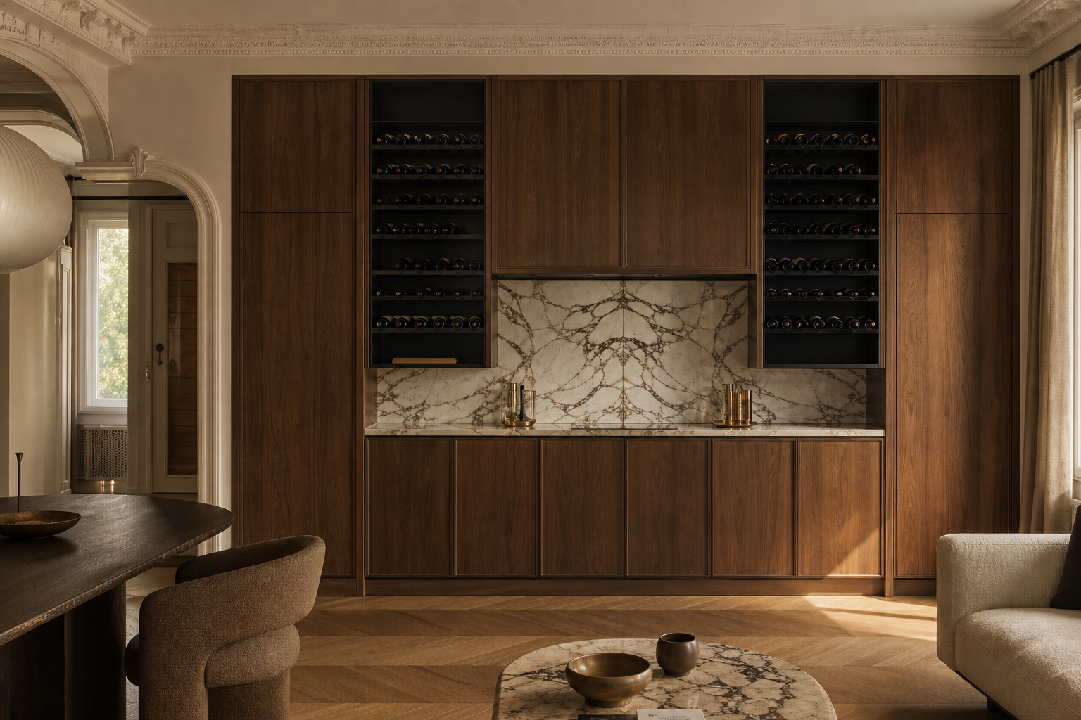 Fadior Estuary Wine Cabinet Suite with Smeg Cellar Appliance Alcove — interior room context showing cabinet integration