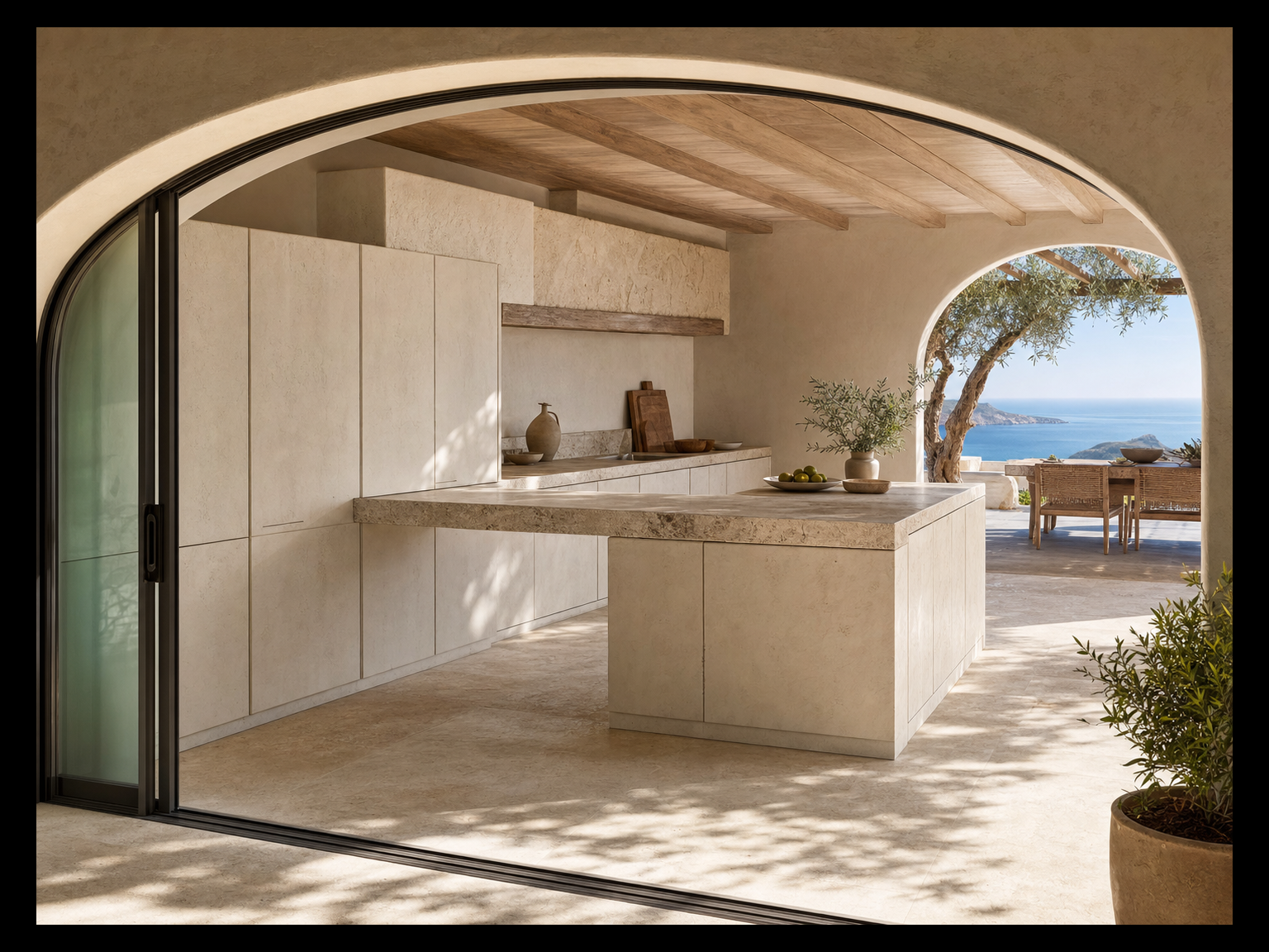 Fadior Armarios Meridian Kitchen Suite with Limestone Harvest Bridge — interior room context showing cabinet integration