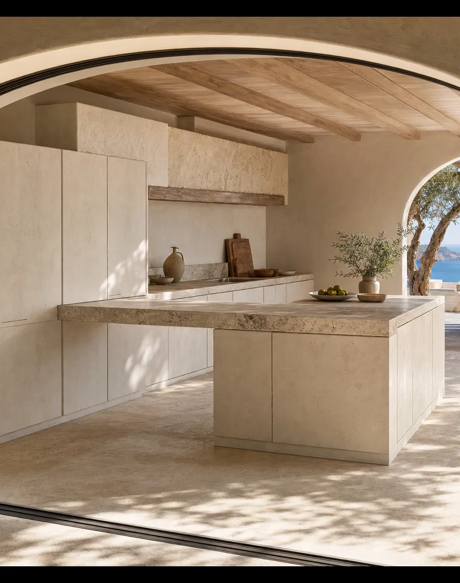 Fadior Armarios Meridian Kitchen Suite with Limestone Harvest Bridge — interior room context showing cabinet integration