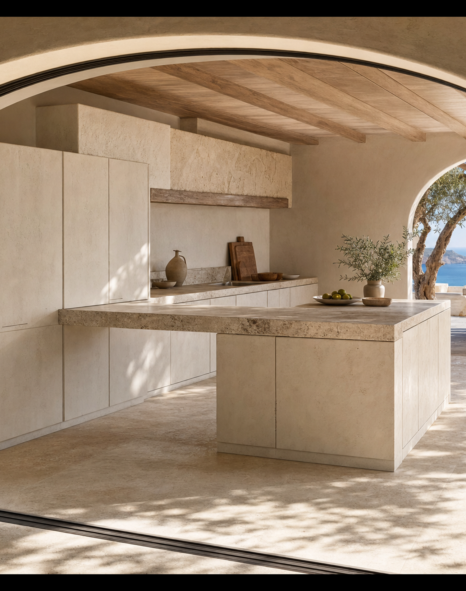 Fadior Armarios Meridian Kitchen Suite with Limestone Harvest Bridge — interior room context showing cabinet integration