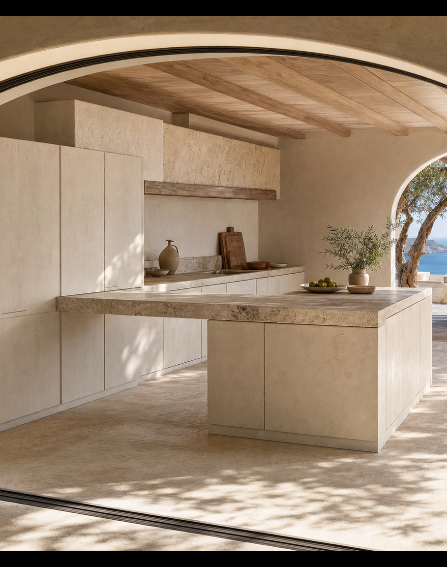 Fadior Armarios Meridian Kitchen Suite with Limestone Harvest Bridge — interior room context showing cabinet integration