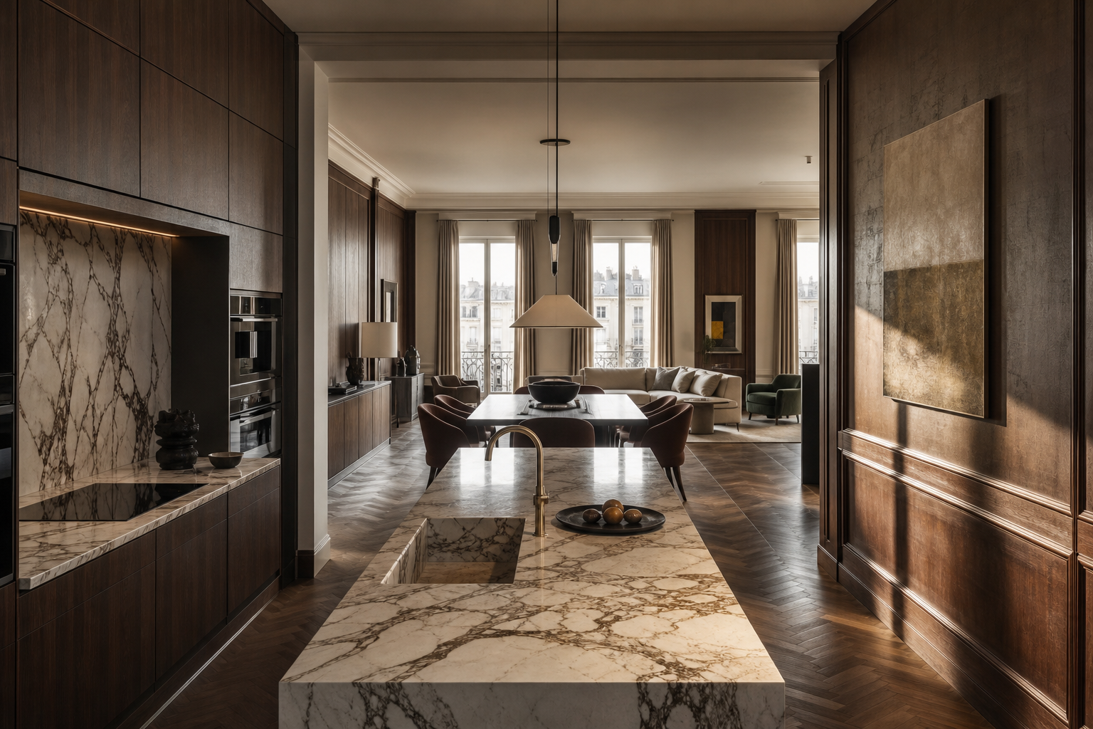 Fadior Milan 120 sqm Kitchen Penthouse — Kitchen island with marble countertop, walnut wall, dining table, lounge sofa, windows, and parquet floor