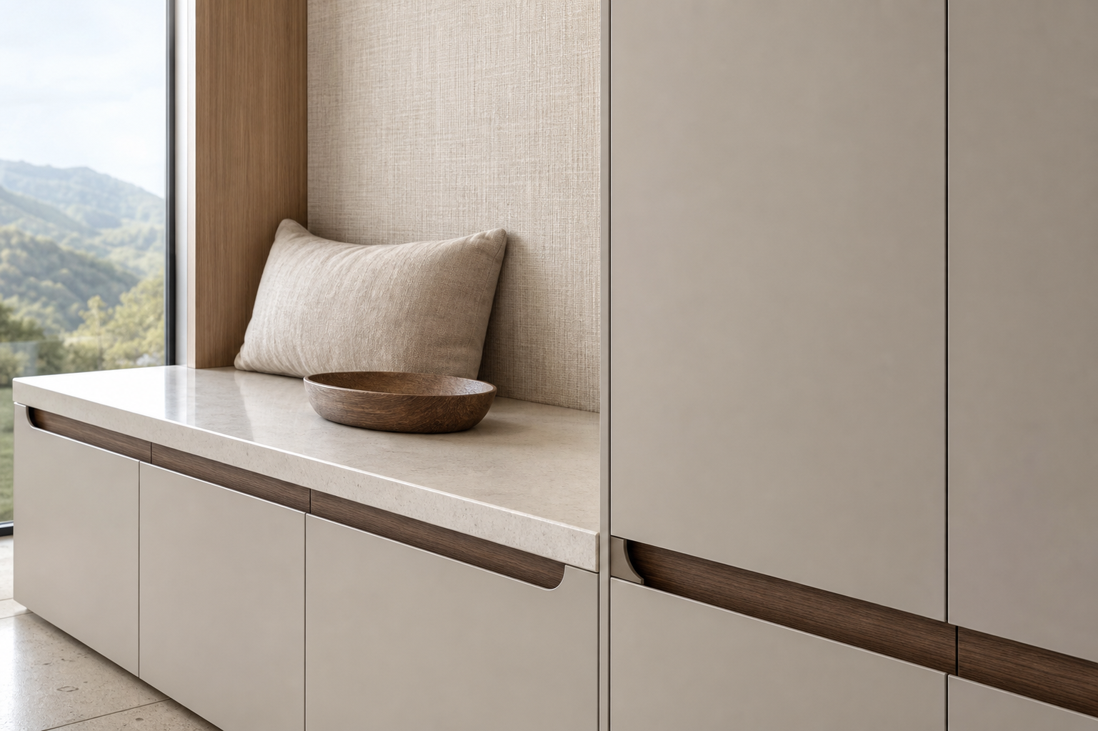 Fadior Savile Entryway Suite with Linen Pinboard Service Alcove — close-up of stainless steel finish and hardware detail