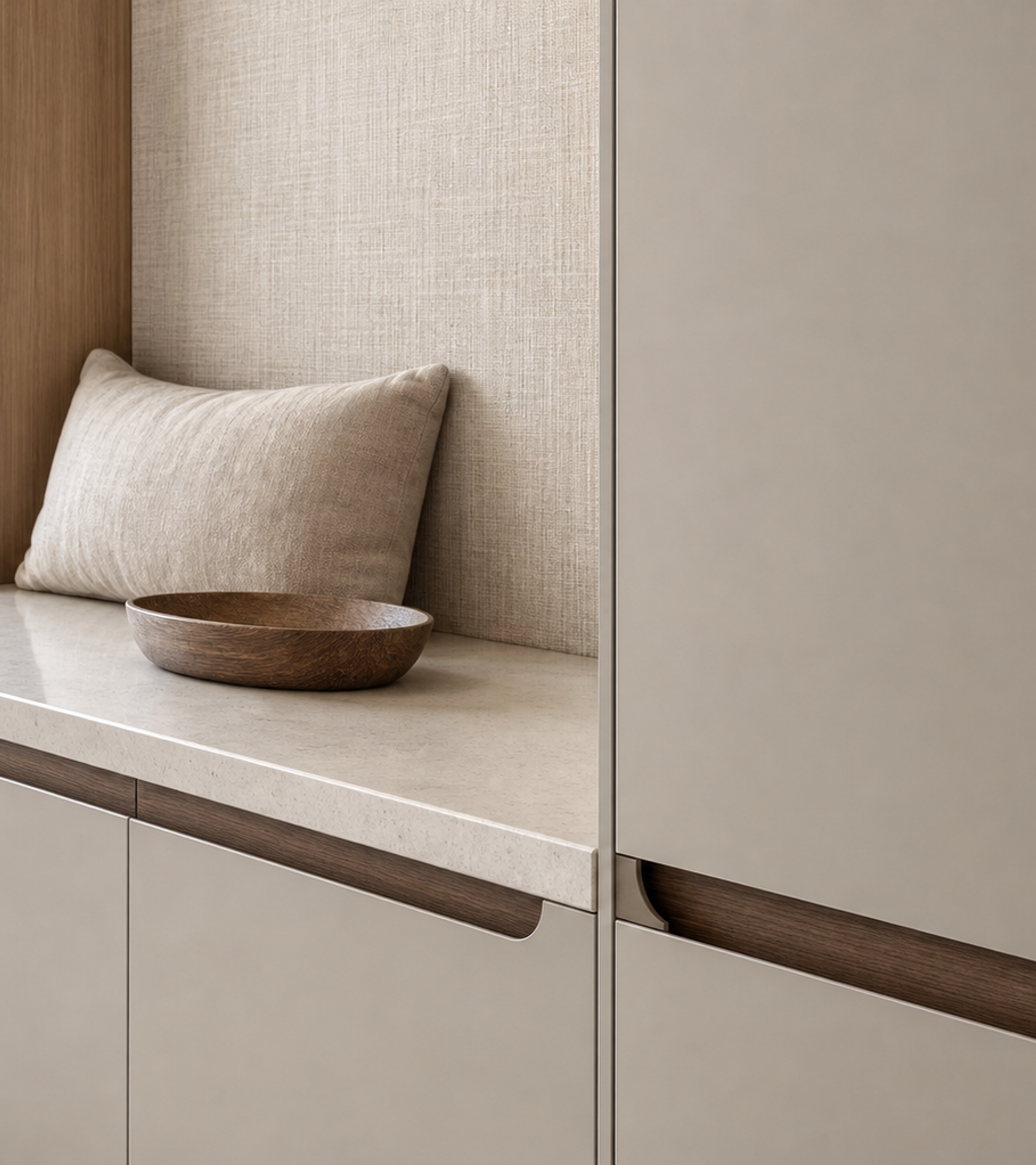 Fadior Savile Entryway Suite with Linen Pinboard Service Alcove — close-up of stainless steel finish and hardware detail