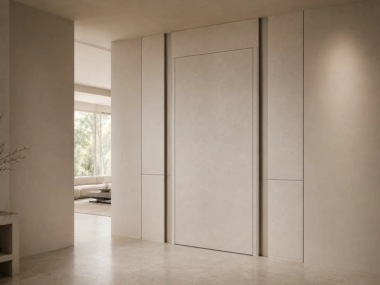 Fadior Silhouette Interior Door Suite with Ribbon Reveal Pivot Portal - full-height stainless steel interior door with concealed frame, quiet hardware, and matching wall panel continuity