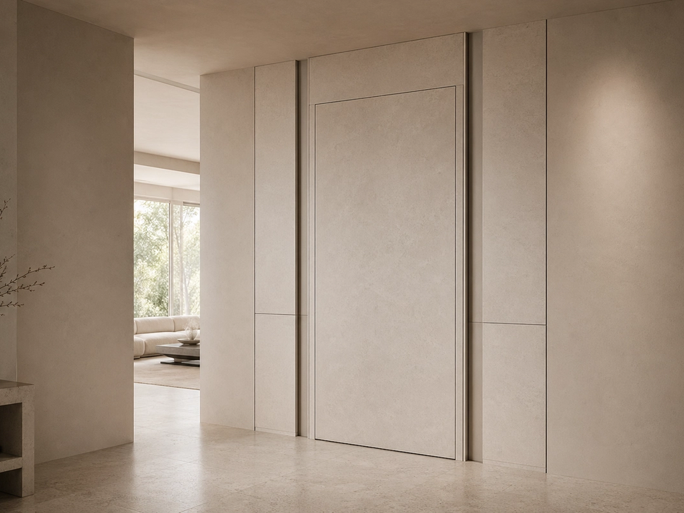 Fadior Silhouette Interior Door Suite with Ribbon Reveal Pivot Portal — 304 stainless steel interior door system, front view