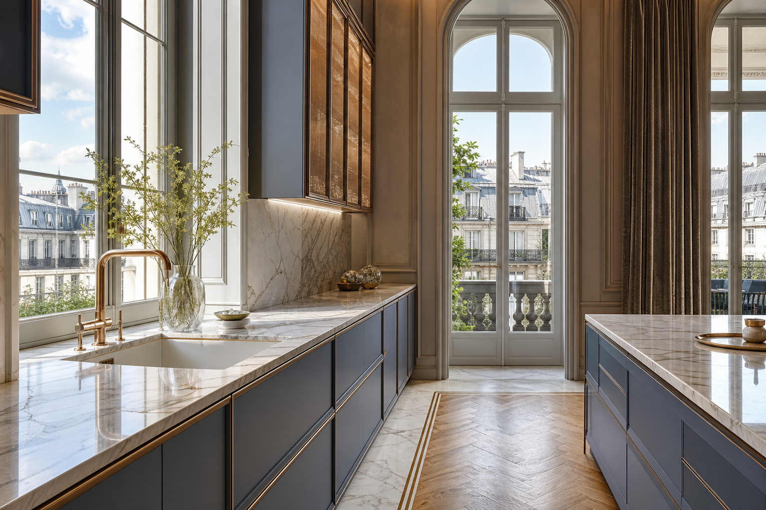 Fadior Geneva 650 sqm Kitchen Bath Villa — marble counter, sink, blue cabinet wall, arched window, parquet floor