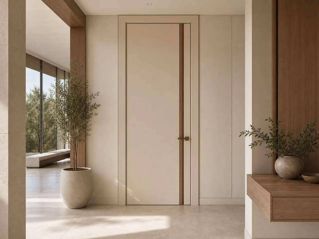 Fadior Alabaster Interior Door Suite with Soft Portal Rhythm - full-height stainless steel interior door with concealed frame, quiet hardware, and matching wall panel continuity