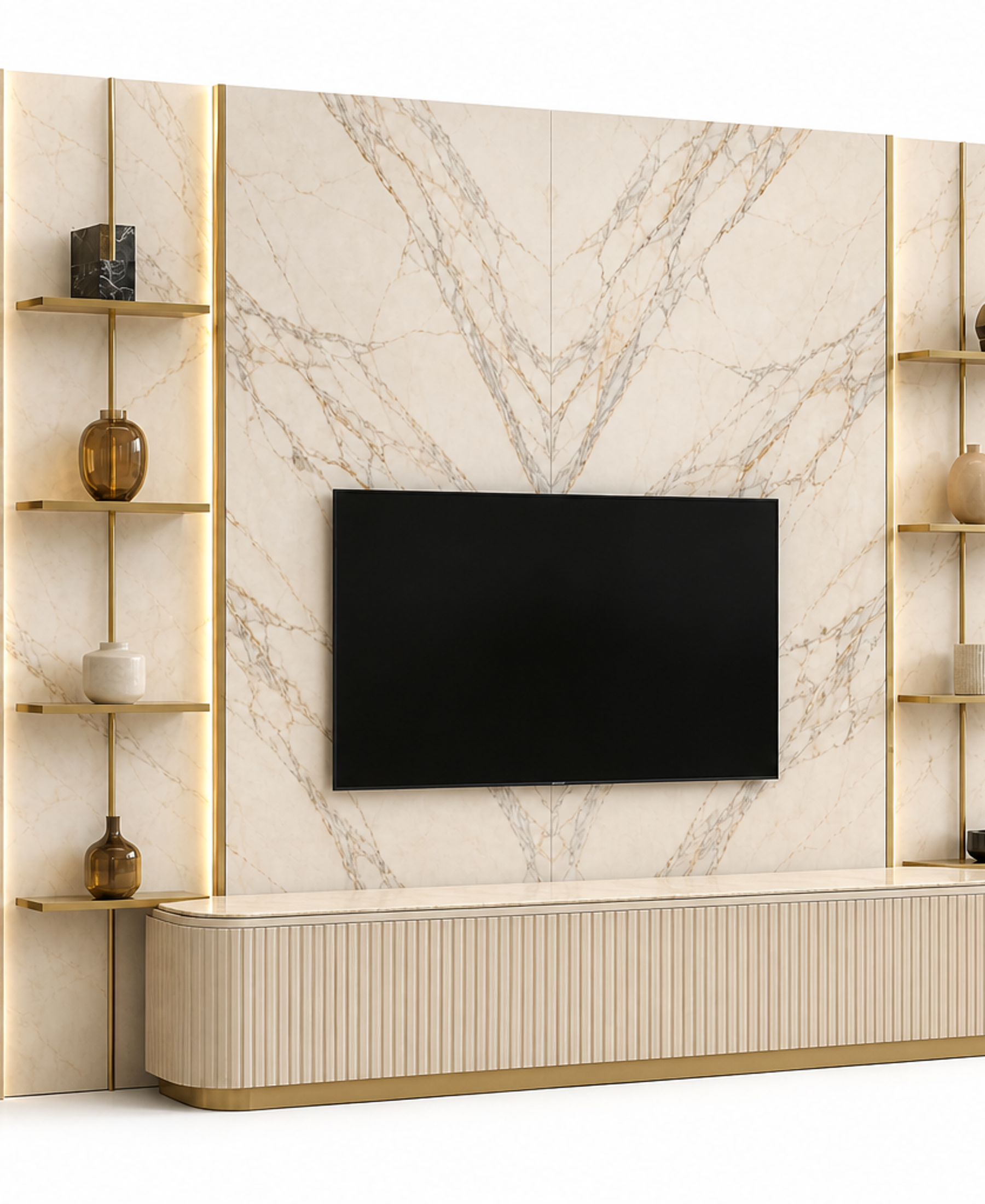 Fadior Galleria Living Room Suite with Fluted Stone Shelving Wall — 304 stainless steel living room system, front view