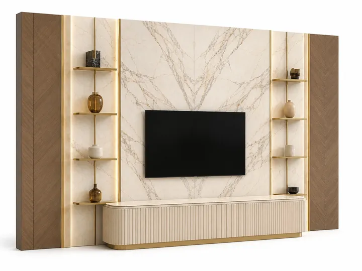 Fadior Galleria Living Room Suite with Fluted Stone Shelving Wall — 304 stainless steel living room system, front view