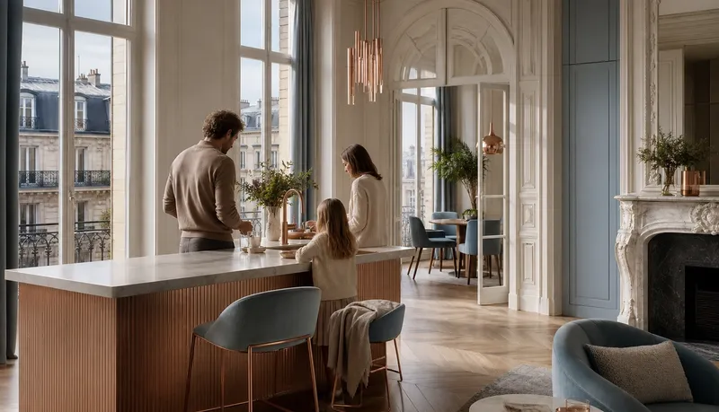 Paris kitchen atmosphere with soft slate panels and rose-gold water-zone glow for smart faucet context. — 304 stainless steel cabinetry editorial by Fadior